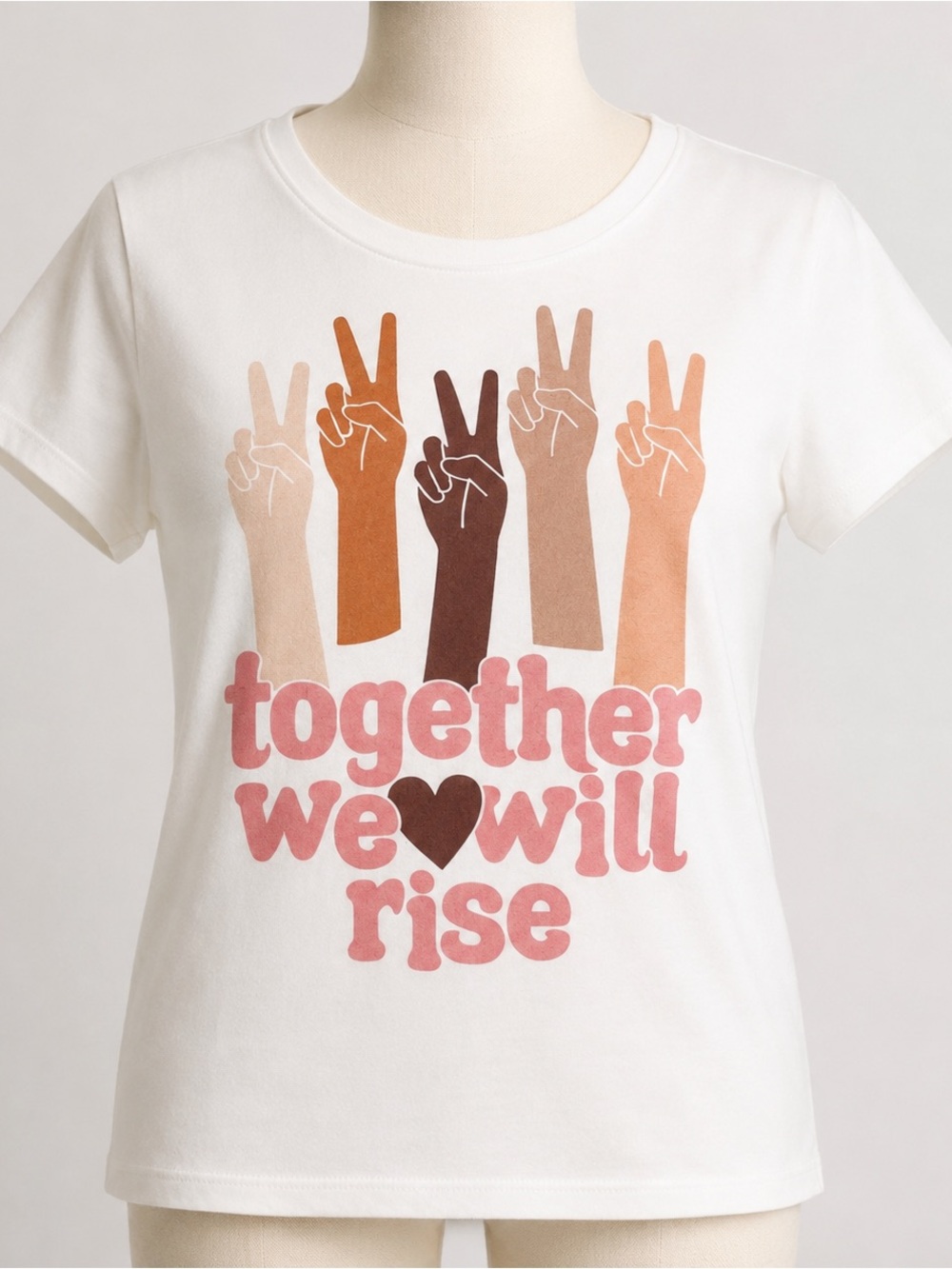 Together We Will Rise Graphic Tee Peace Sign Hands White Statement T-Shirt